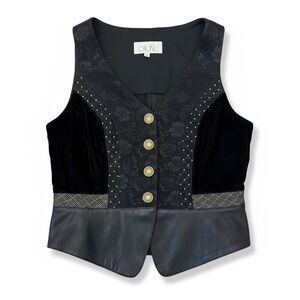 Caché Mixed Media Leather Patchwork Vest Black Velvet Lace Metallic Small